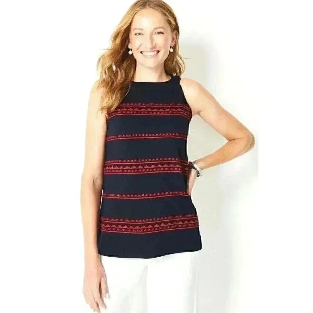J.Jill Embroidered Halter Top Navy Blue Red Women's L Petite Cotton Modal Rayon